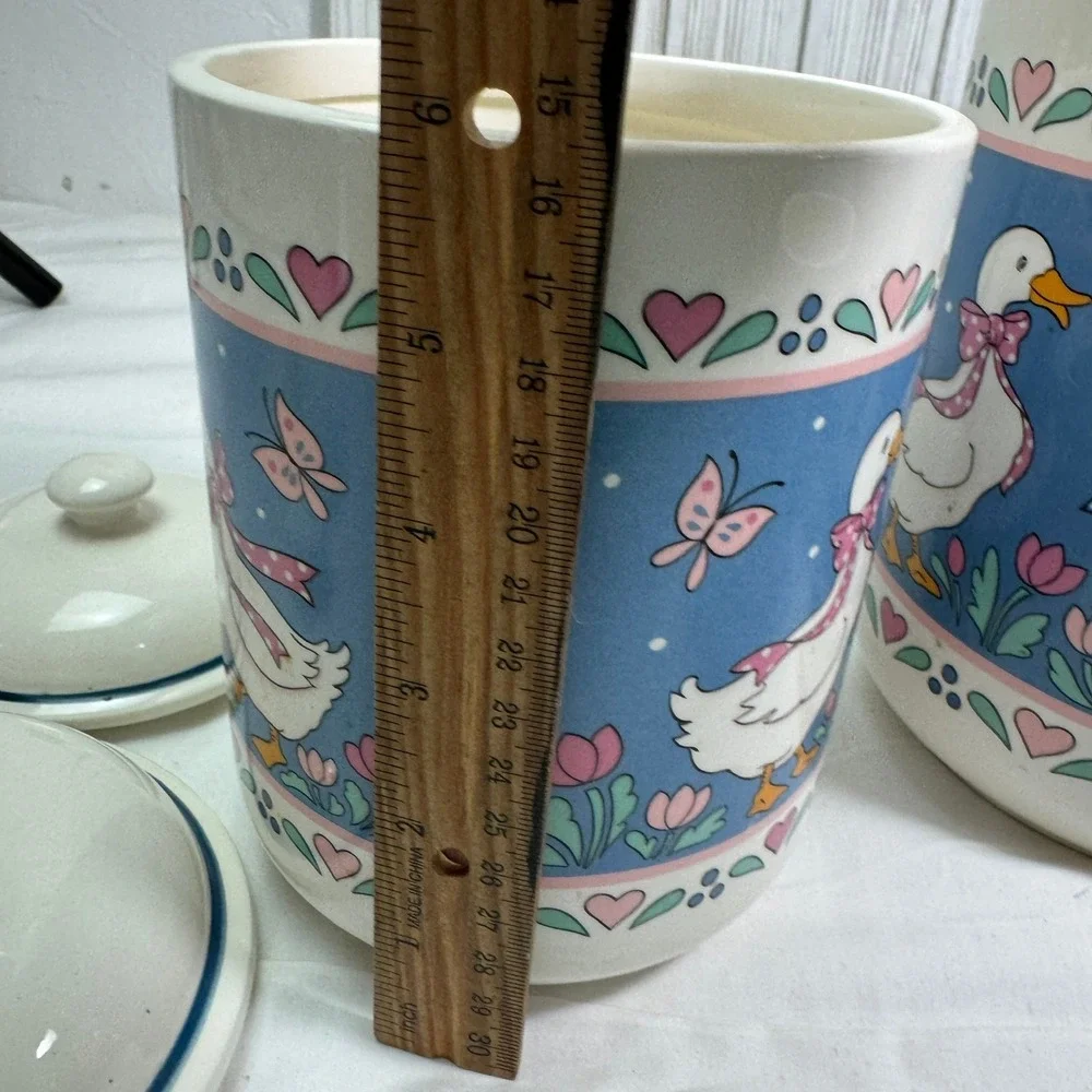 Vintage Country Goose Ceramic Canister Set 4 Piece Blue Pink Hearts 80s Kitchen